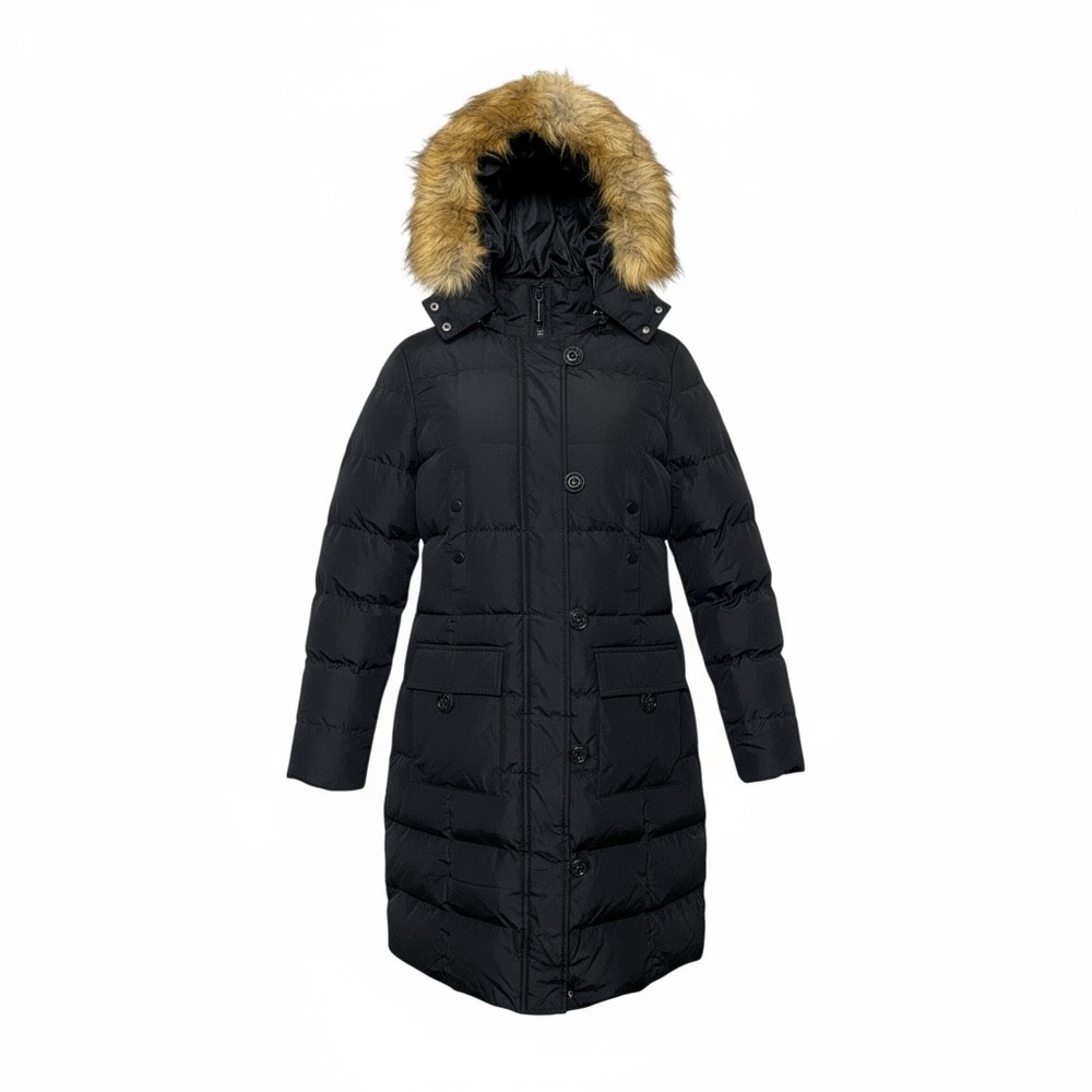 Black Puffer Coat with Removable Faux Fur Trim and Removable Hood